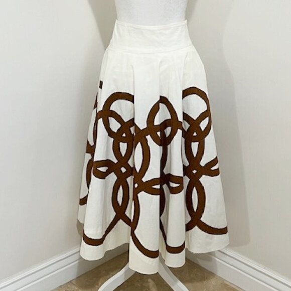 Easton Pearson Full Midi Skirt White & Brown Geometric Cotton - Picture 4 of 12